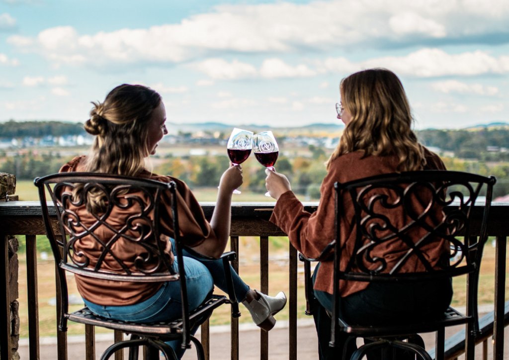 5 Fun Franklin Activities That Make Spring Special two women cheers with wine looking over vineyard landscape
