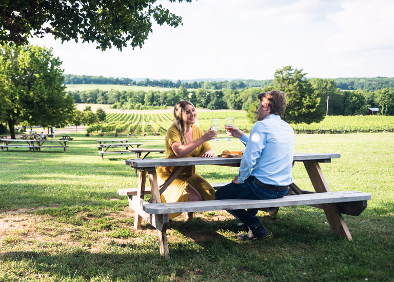 A couple enjoys wine and cheese at a picnic table overlooking a vineyard in Williamson County, Tennessee.