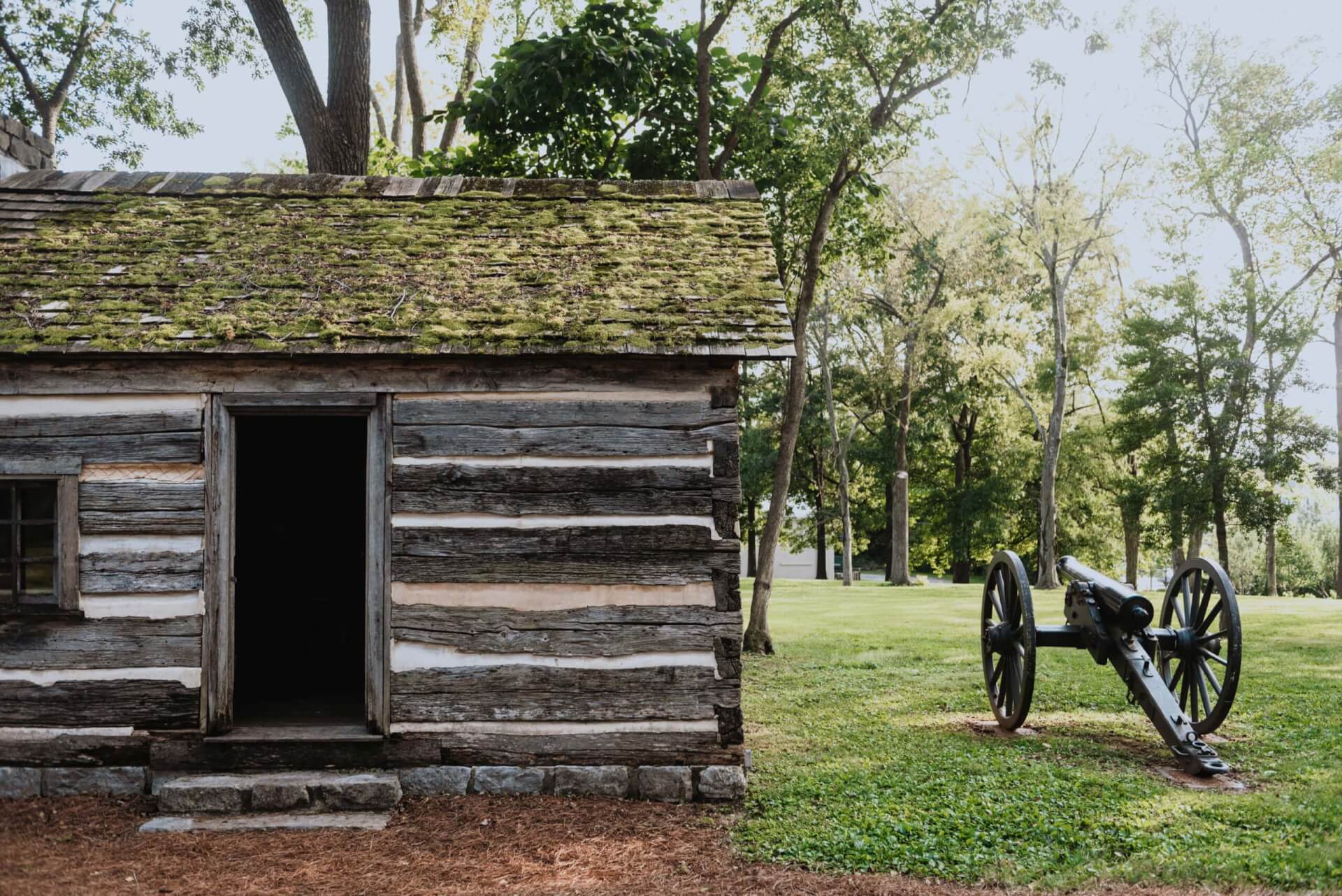 A rustic log cabin with a mossy roof sits in a grassy clearing surrounded by trees in Williamson County, Tennessee.