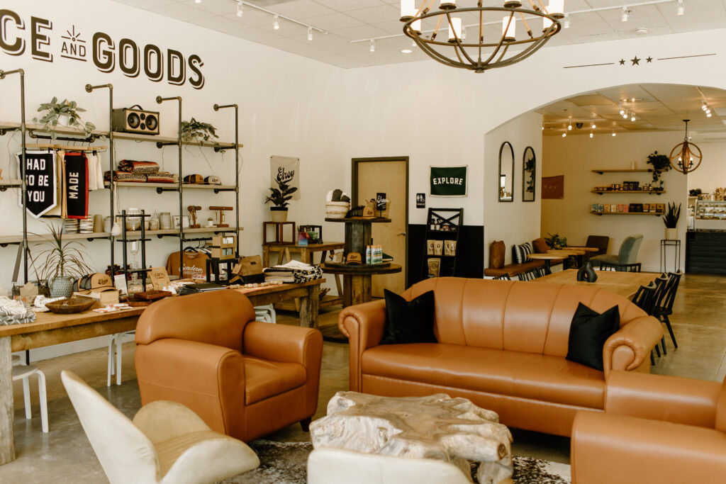 A cozy, rustic-modern store interior with leather furniture and a variety of goods in Williamson County, Tennessee.
