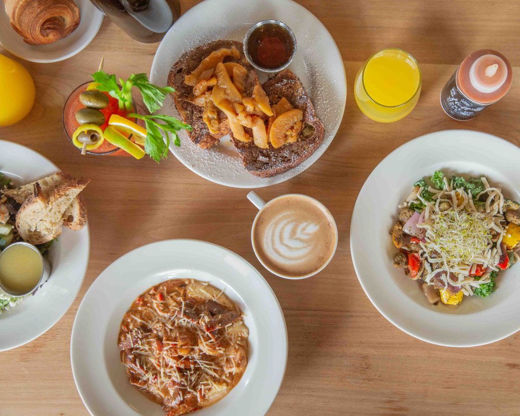 overhead view of tabletop with brunch dishes