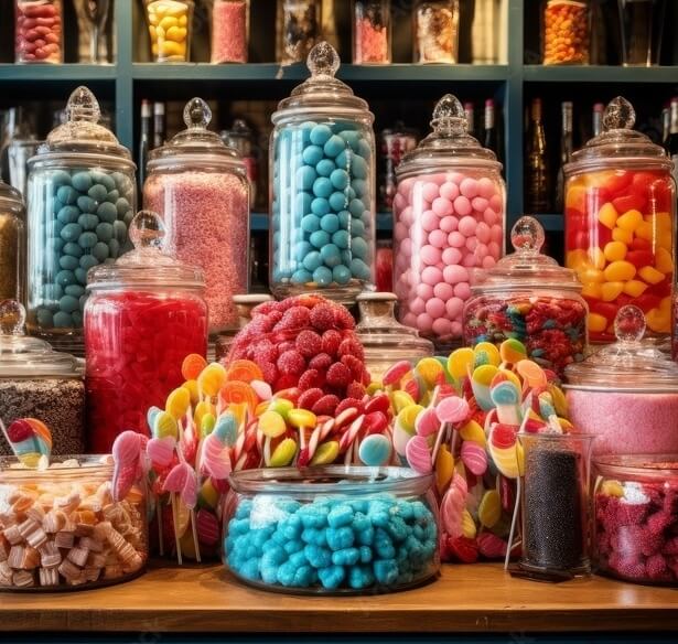 A vibrant display of colorful candies in glass jars and bowls on a wooden table in Williamson County, Tennessee.