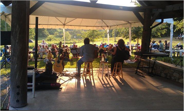 Outdoor concert under a tent with musicians and audience enjoying the evening in Williamson County, Tennessee.