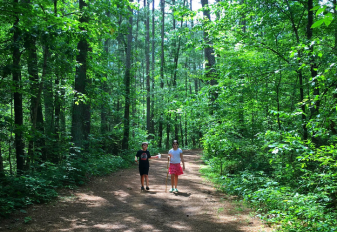 Communities Two women hike along a forest trail, surrounded by lush greenery and tall trees in Williamson County, Tennessee.