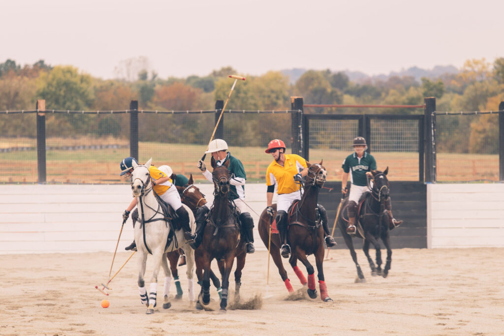 Polo players on horseback compete in a match, swinging mallets at a small ball in Williamson County, Tennessee.