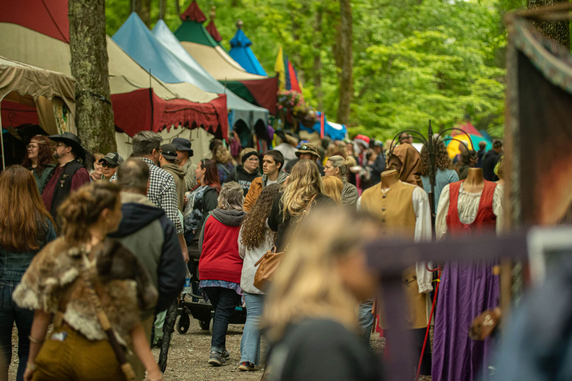 A bustling medieval-themed festival with colorful tents and costumed attendees fills a forest clearing in Williamson County, Tennessee.
