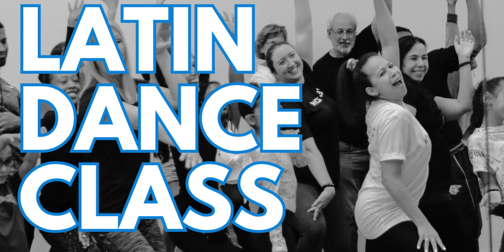 Events Promotional graphic for a Latin Dance Class featuring smiling participants dancing over a black and white background photo