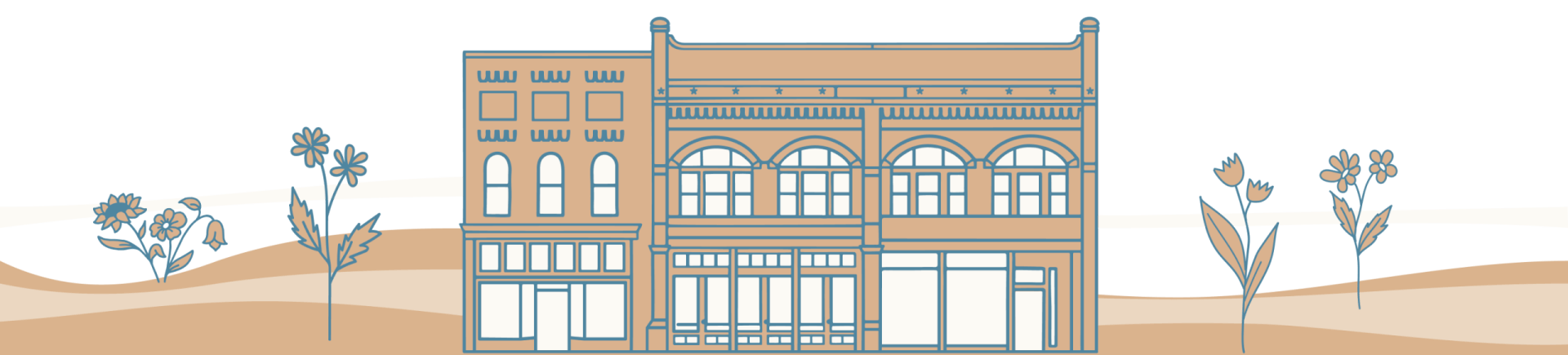 Main Street Festival A charming, two-story building with arched windows and a detailed facade, nestled between stylized floral designs in Williamson County, Tennessee.
