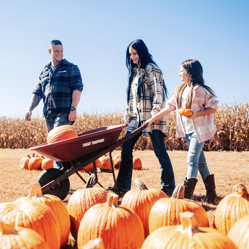 How Williamson County’s Farms Draw in Visitors and Keep History Alive A family of three enjoys a sunny autumn day at a pumpkin patch, pushing a wheelbarrow full of pumpkins in Williamson County, Tennessee.