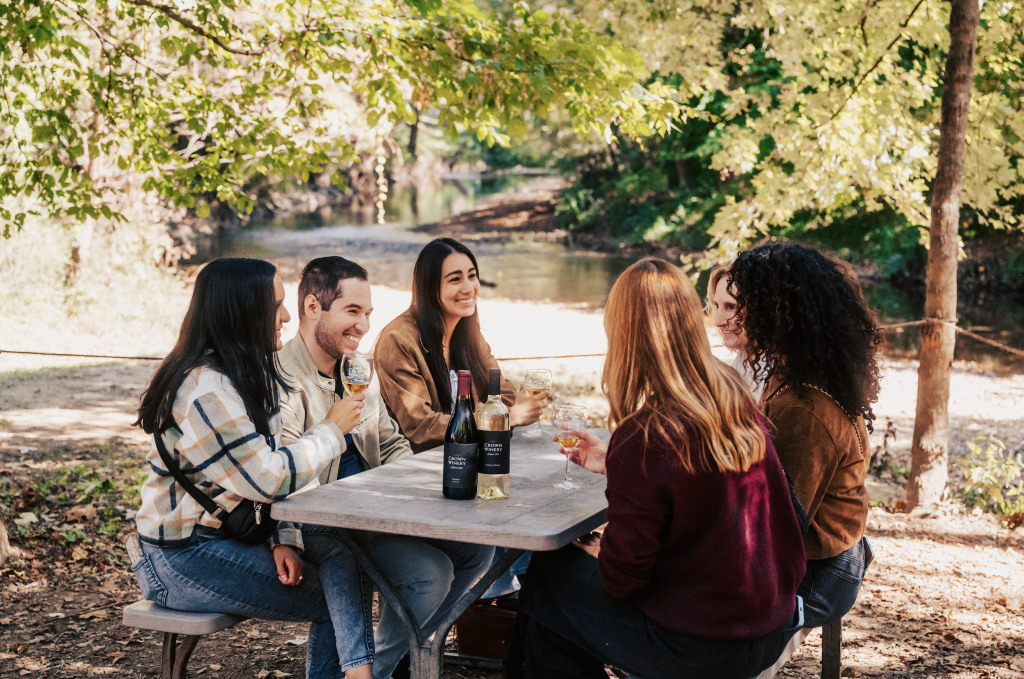 12 Amazing Things to Do in Charming Leiper's Fork, Tennessee A group of six friends enjoys wine and conversation at a picnic table in a wooded area near a river in Williamson County, Tennessee.