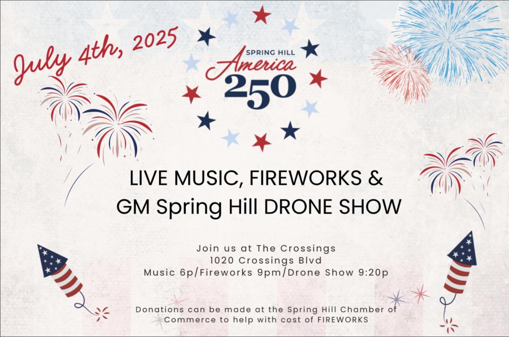 Live music, fireworks, and a drone show celebrating America's 250th birthday in Spring Hill on July 4th, 2025 in Williamson County, Tennessee.